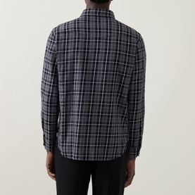 Model wearing Tom Ford grey cotton check casual shirt, rear view, styled with black trousers