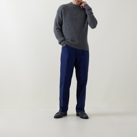 Model wearing Tom Ford Charcoal Cashmere Crew Neck Sweater with navy trousers and black loafers.