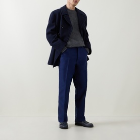 Model wearing Tom Ford Charcoal Cashmere Crew Neck Sweater, styled with navy coat and tailored trousers, black loafers