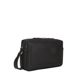 Tom Ford black leather crossbody bag with silver-tone zip and buckle hardware, adjustable shoulder strap, structured rectangular silhouette