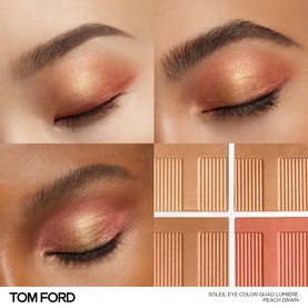 TOM FORD Soleil Eye Colour Quad Lumi&egrave;re in Peach Dawn, 7.2g palette with warm peach and coral shades, shown with eye makeup application