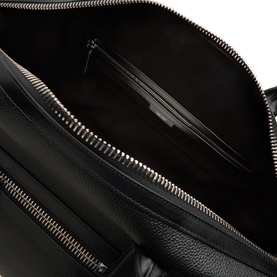 Tom Ford black calf leather Hold All, interior view showing open zip compartment with card slots and silver-tone hardware