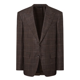 Tom Ford jacket in black brown houndstooth check, notch lapels, single-button front, flap pockets, wool-silk-linen blend