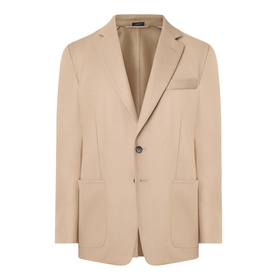 Tom Ford camel wool-silk blazer jacket with notch lapels, two-button front, patch pockets, and breast pocket detail