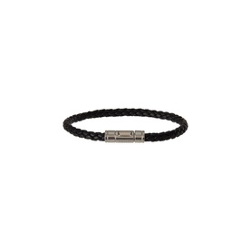 Tom Ford black braided leather bracelet with silver-tone brass barrel clasp closure