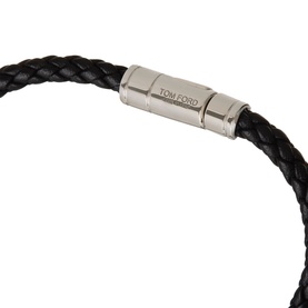 Tom Ford black braided leather bracelet with silver-tone engraved barrel clasp closure