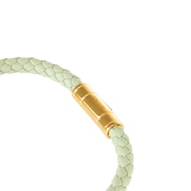 Tom Ford light green braided leather bracelet with gold-tone brass magnetic clasp closure, close-up detail view.