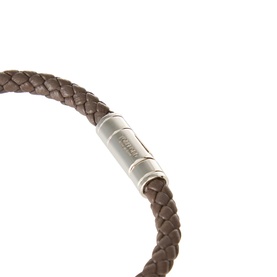 Tom Ford smoke grey braided leather bracelet with silver-tone brass barrel clasp closure, close-up detail view