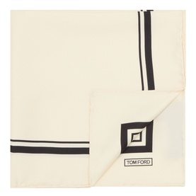 Tom Ford off white silk pocket square with black border stripe and logo print, folded flat