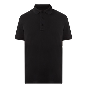 Tom Ford black cotton polo shirt with three-button placket and short sleeves, flat lay product shot