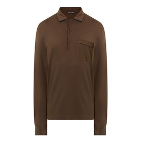 Tom Ford brown silk-cotton long-sleeve polo shirt with chest patch pocket and three-button placket, flat lay view