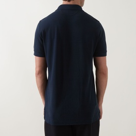 Model wearing Tom Ford Pique Regular Fit Polo Shirt in navy, back view, short sleeves, polo collar, regular fit