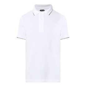 Tom Ford polo shirt in white with black tipping detail on collar and cuffs, short sleeves, three-button placket