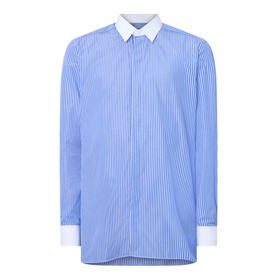 Tom Ford Stripe Contrast Shirt in blue and white, pointed collar, contrast white collar and single cuffs, concealed button front, long sleeves