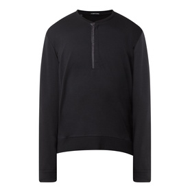 Tom Ford black wool-silk-cashmere long sleeve top with half-zip placket and crew neckline