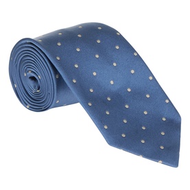 Tom Ford Dotted Silk Tie in light blue with cream polka dot pattern, wide blade, pointed tip, rolled display