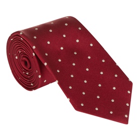 Burgundy silk tie with evenly spaced white polka dots, rolled to display full length and pattern detail