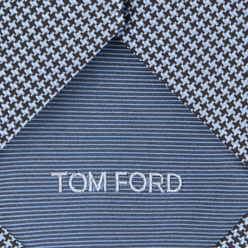 Tom Ford silver blue silk tie with houndstooth and fine stripe pattern panels, Tom Ford logo embroidered in white