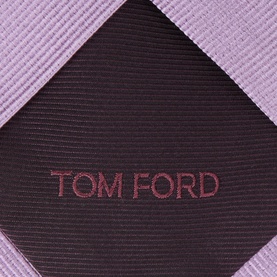 Tom Ford silk tie in pink lavender, diagonal stripe design with dark burgundy panel and embroidered logo detail.