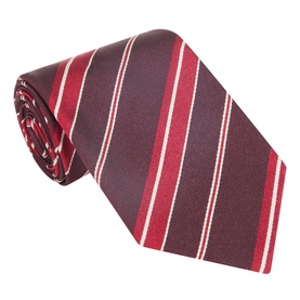 Tom Ford Silk Striped Tie in red, featuring diagonal red, burgundy and white stripes on a rolled 100% silk tie