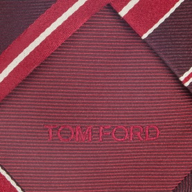 Tom Ford Silk Striped Tie in red, featuring tonal diagonal stripes and embroidered Tom Ford logo detail, 100% silk