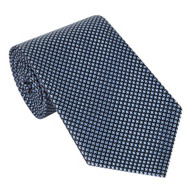 Tom Ford blue silk tie with tonal micro-pattern, rolled to show texture and width