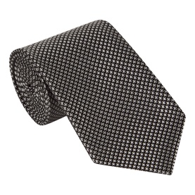 Tom Ford grey silk tie with tonal micro-pattern texture, rolled and displayed flat against white background