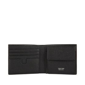 Tom Ford black leather bifold wallet open, showing card slots, coin pocket, and gold-tone branding label inside