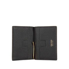 Tom Ford black grained leather wallet open, showing card slots and gold-tone branding detail interior