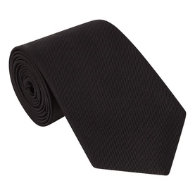 Tom Ford black silk tie, rolled to display fine ribbed texture across the full width of the blade.