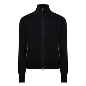 Tom Ford black virgin wool zip-through cardigan with ribbed funnel neck, zip pockets, and silver-tone hardware