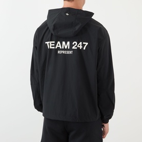 Model wearing 247 Jet Black nylon casual jacket, back view showing Team 247 Represent logo print, with hood detail