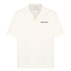 Almost Home Logo Bowling Shirt in Cloudskin, short-sleeve cotton shirt with notched lapels, button fastening and embroidered logo at chest
