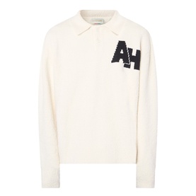 Almost Home Polo in Cloudskin, ribbed knit with black AH logo intarsia, open collar, long sleeves
