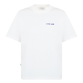 Almost Home T-Shirt in white with blue print chest logo, crew neck, short sleeves and woven label at hem