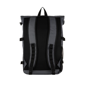 Carhartt Philis Logo Backpack in Styx grey, rear view showing padded adjustable shoulder straps and black clip fastenings on roll-top design.