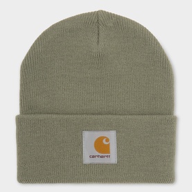 Carhartt Watch Logo Beanie in Shady Green, knit acrylic with turned-up brim and woven logo badge to front