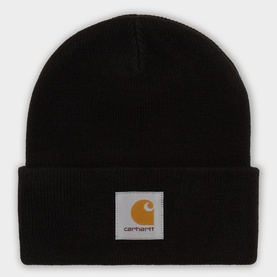 Carhartt Watch Logo Beanie in black, ribbed knit with folded brim and woven Carhartt logo badge at front.