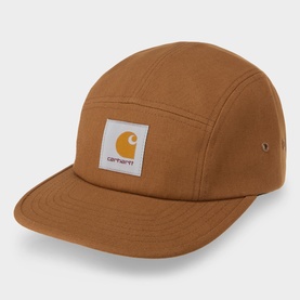 Carhartt Backley Logo Cap in Hamilton Brown, five-panel style with firm flat peak and woven logo label to front