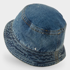 Carhartt Belmar Denim Bucket Hat in blue with wide brim, top-stitch details, destroyed wash finish and splatter embellishment