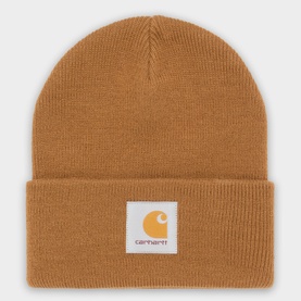Carhartt Hamilton Brown acrylic beanie with ribbed cuff and woven logo patch at front.
