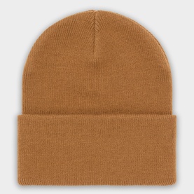Carhartt Beanie in Hamilton Brown, ribbed knit with wide folded cuff, flatlay view