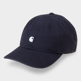 Carhartt Madison Logo Cap in dark navy, six-panel unstructured cotton cap with white embroidered C logo and curved peak