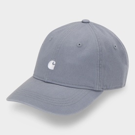 Carhartt Madison Logo Cap in Shady Blue with white embroidered C logo, curved visor, six-panel cotton construction with adjustable back