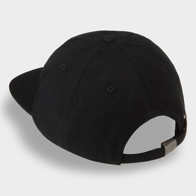 Carhartt Luggage Label Cap in black, rear view showing metal adjuster tab, unstructured six-panel cotton twill construction with flat peak.