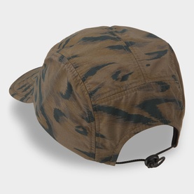 Carhartt cap in duck feather print nylon, olive and black camouflage pattern, rear view showing adjustable toggle fastening