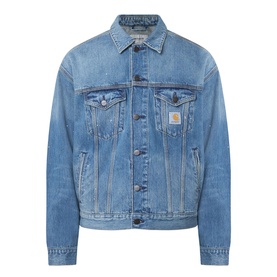 Carhartt Helston Denim Jacket in Blue Splatter, mid-wash heavyweight denim, shirt collar, front button fastening, flap pockets, logo badge