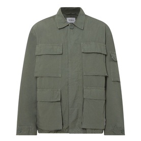 Carhartt Mandelson Logo Field Jacket in Leaf green, flat collar, concealed button fastening, multiple flap patch pockets across bodice and sleeve