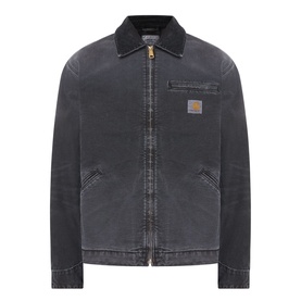 Carhartt OG Detroit Jacket in black washed cotton with corduroy collar, gold zip fastening, chest pocket and woven logo badge