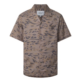 Carhartt Travon Duck Feather Print shirt in Cypress/Black, short-sleeve bowling collar design with all-over duck feather print and front button